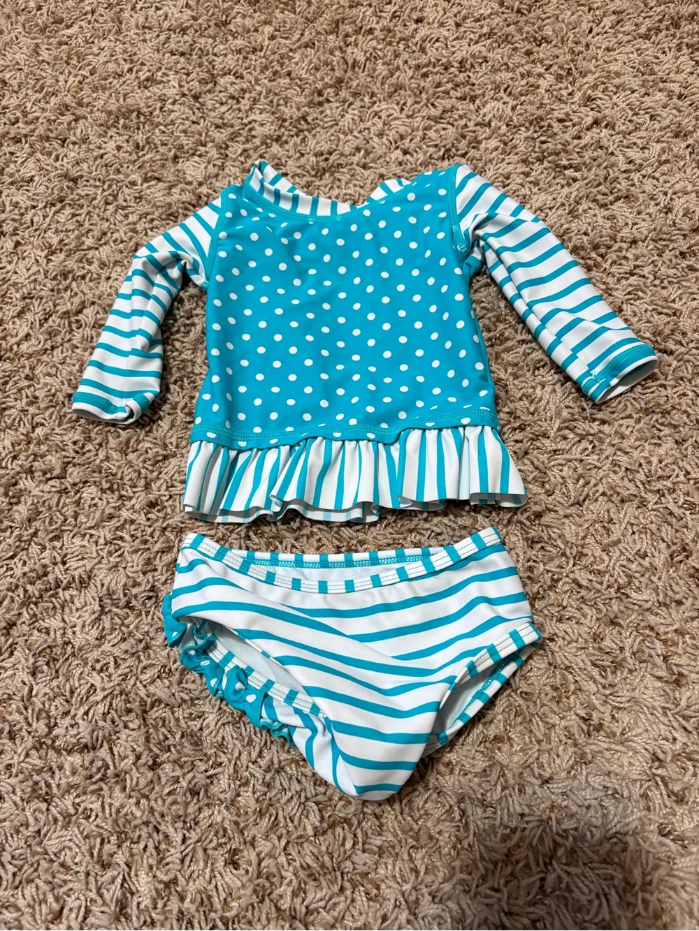 Ruffle Butts baby girl Teal Polka Dot & Stripe Swim Set size 3-6 months